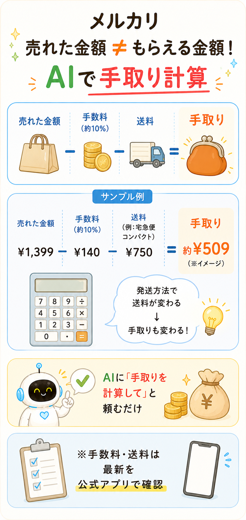 メルカリの手取り計算。売れた金額から手数料と送料を引いた例
