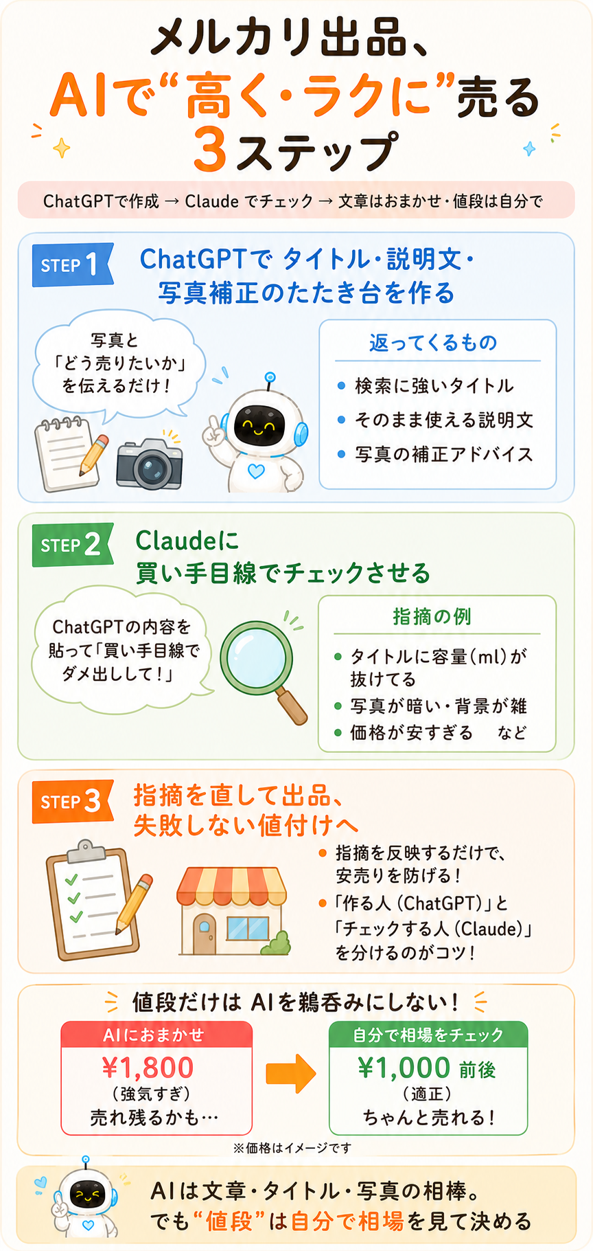 メルカリ出品をAIで進める3ステップ。文章はAIに任せ、値段は自分で決める