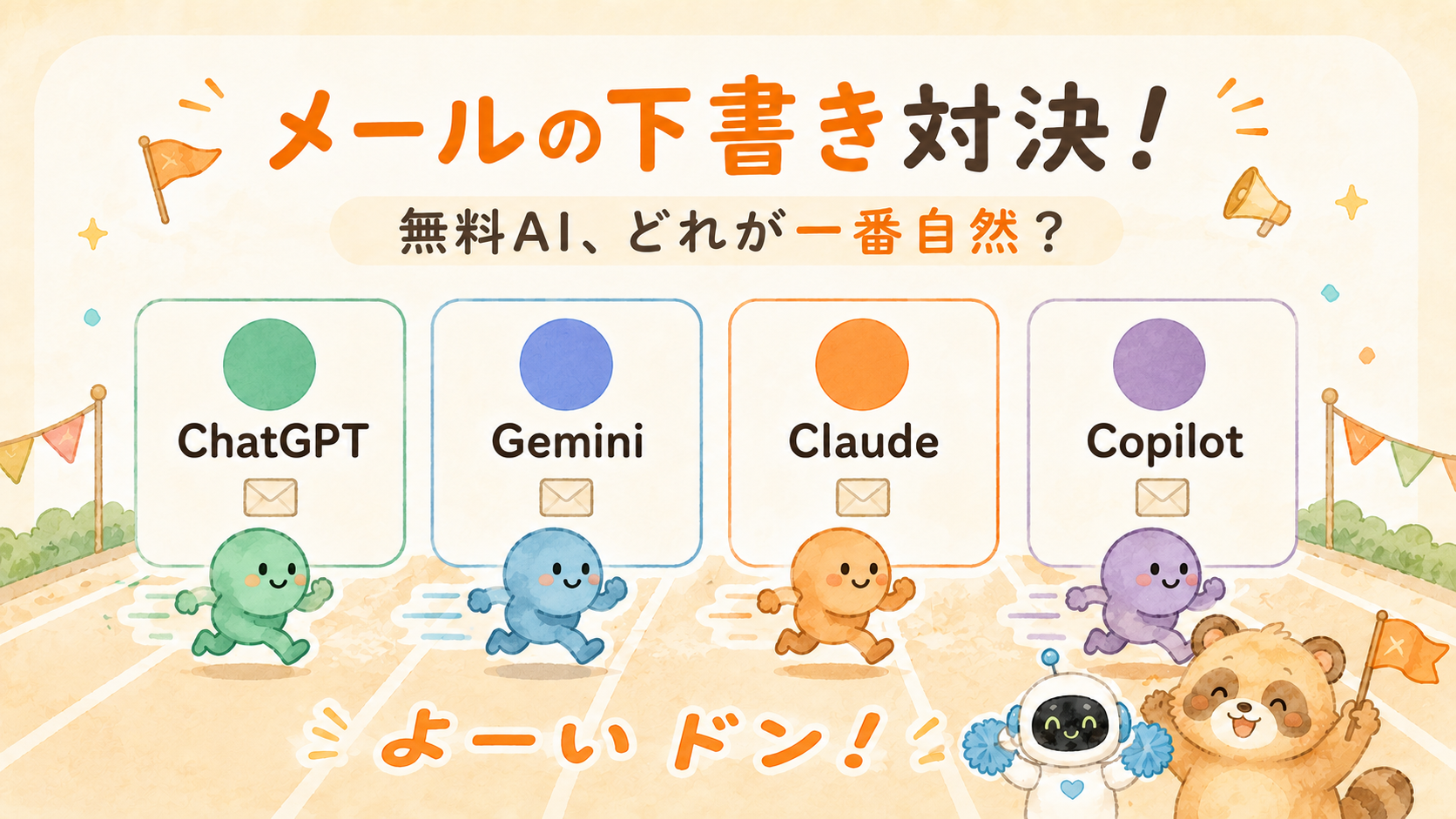 ビジネスメールの下書きを無料AI4つで比べた対決図