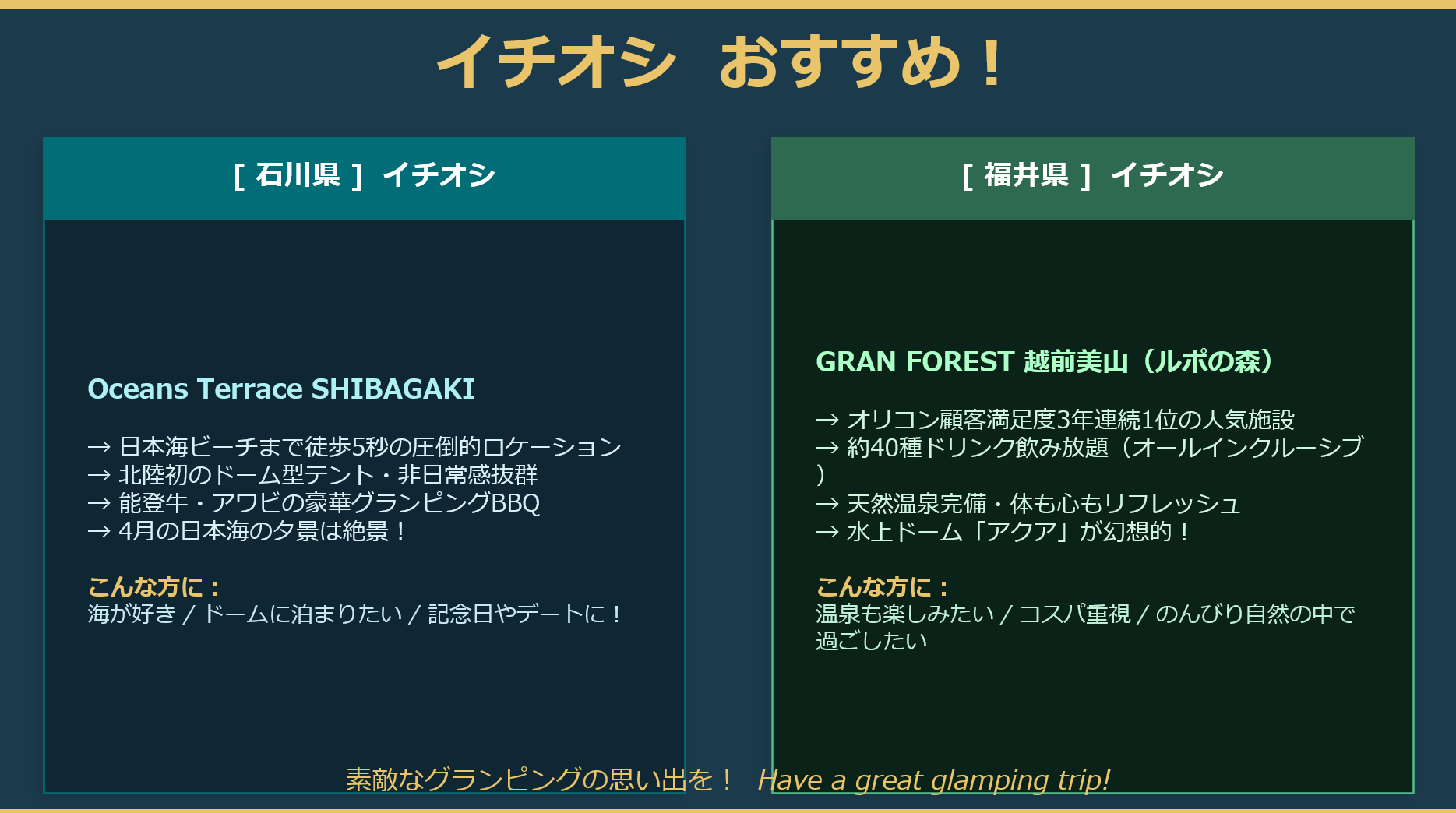 AIが4施設から絞ったイチオシ。石川はオーシャンズテラス柴垣、福井はグランフォレスト越前美山