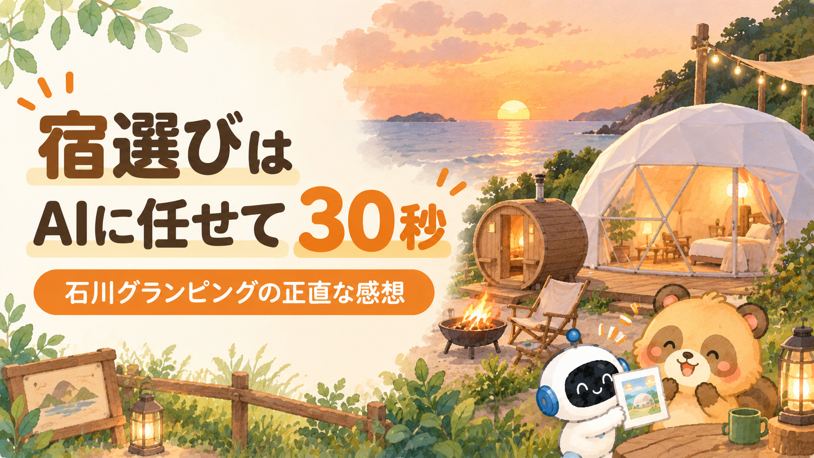 AIに選んでもらった石川のグランピング。海辺のドーム型テントとバレルサウナ、沈む夕日